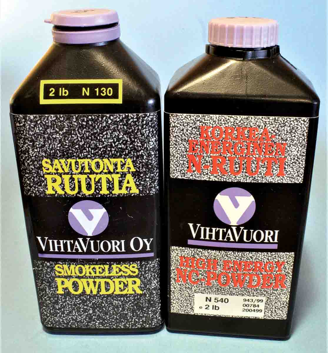 Vihtavuori makes two main lines of rifle powders, the 100 series including N130 (left), which are all single-based, and the 500 series including N540, which are double-based with added nitroglycerin for more velocity.